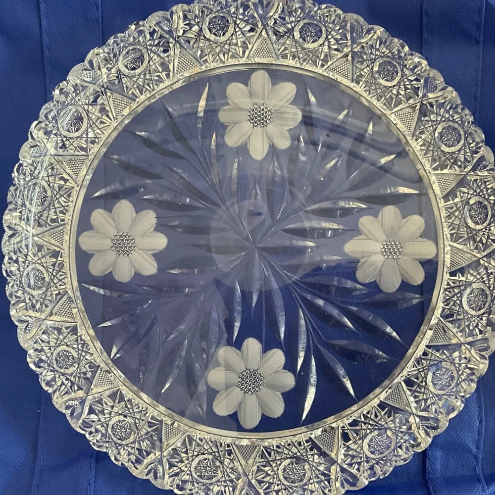 Vintage ABP American Brilliant Cut Glass Plate‎ Intaglio Hobstar Maganese Glow